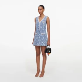 Blue Textured Denim Mini Dress
