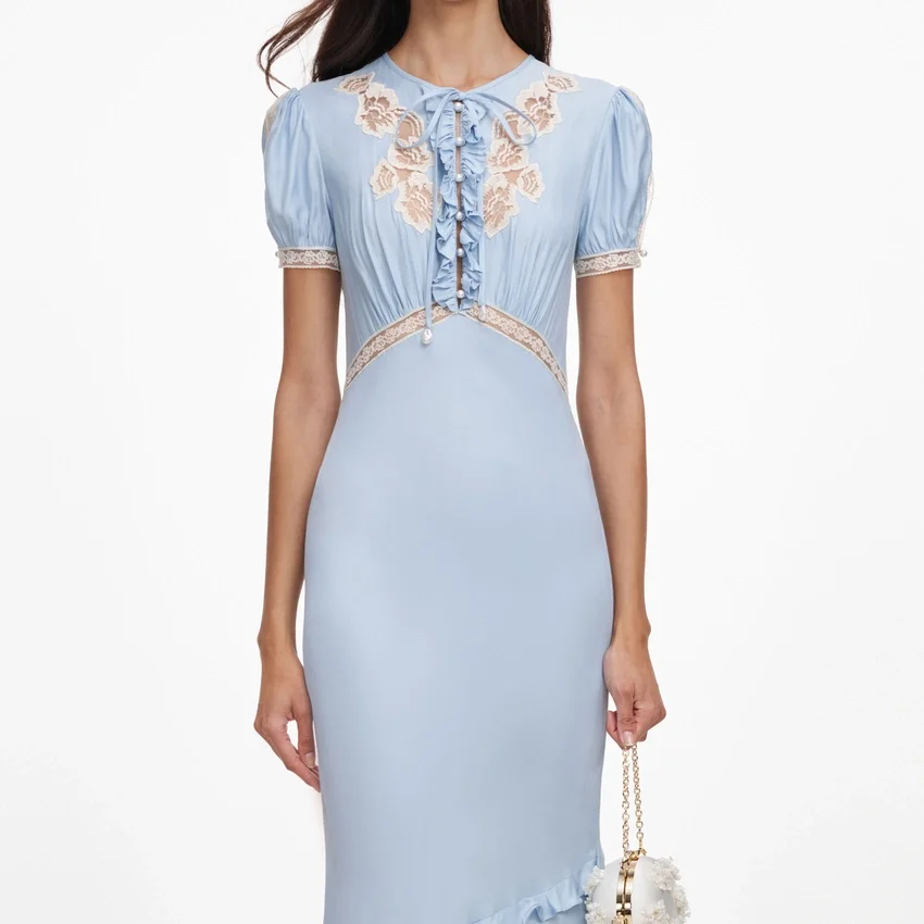 Blue Viscose Lace Midi Dress Blue Viscose Lace Midi Dress