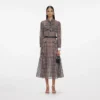 Brown Check Chiffon Midi Dress