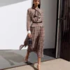 Brown Check Chiffon Midi Dress