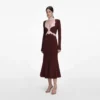 Brown Contrast Lace Knit Midi Dress