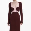 Brown Contrast Lace Knit Midi Dress