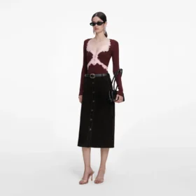Brown Contrast Lace Knit Top