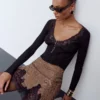 Brown Crystal Chainmail Mini Skirt