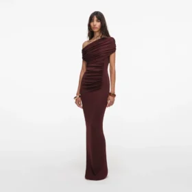 Brown Draped Knit Midi Dress