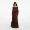 Brown Georgette Off Shoulder Maxi Dress