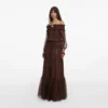 Brown Georgette Off Shoulder Maxi Dress