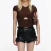 Brown Metallic Knit Wrap Top