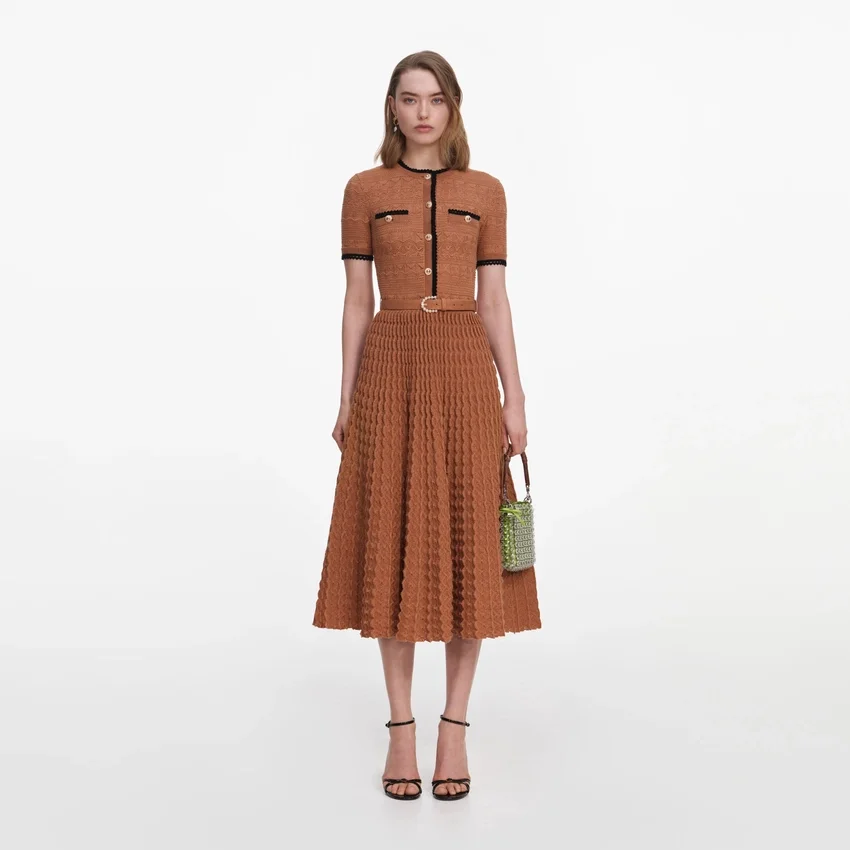 Brown Pointelle Knit Midi Dress Brown Pointelle Knit Midi Dress