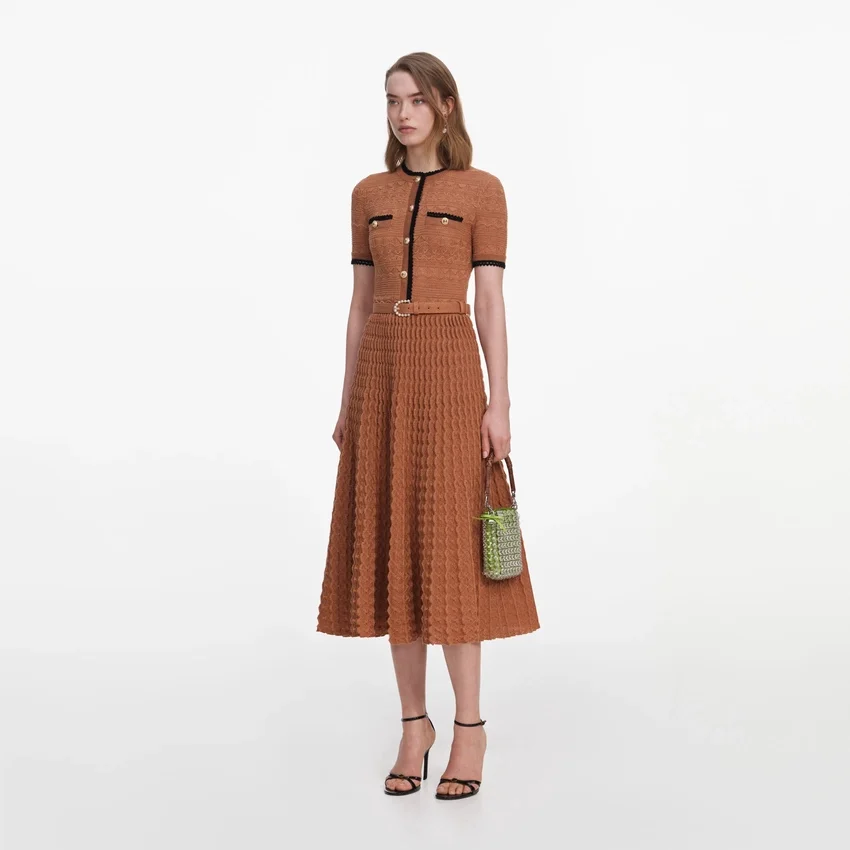 Brown Pointelle Knit Midi Dress Brown Pointelle Knit Midi Dress