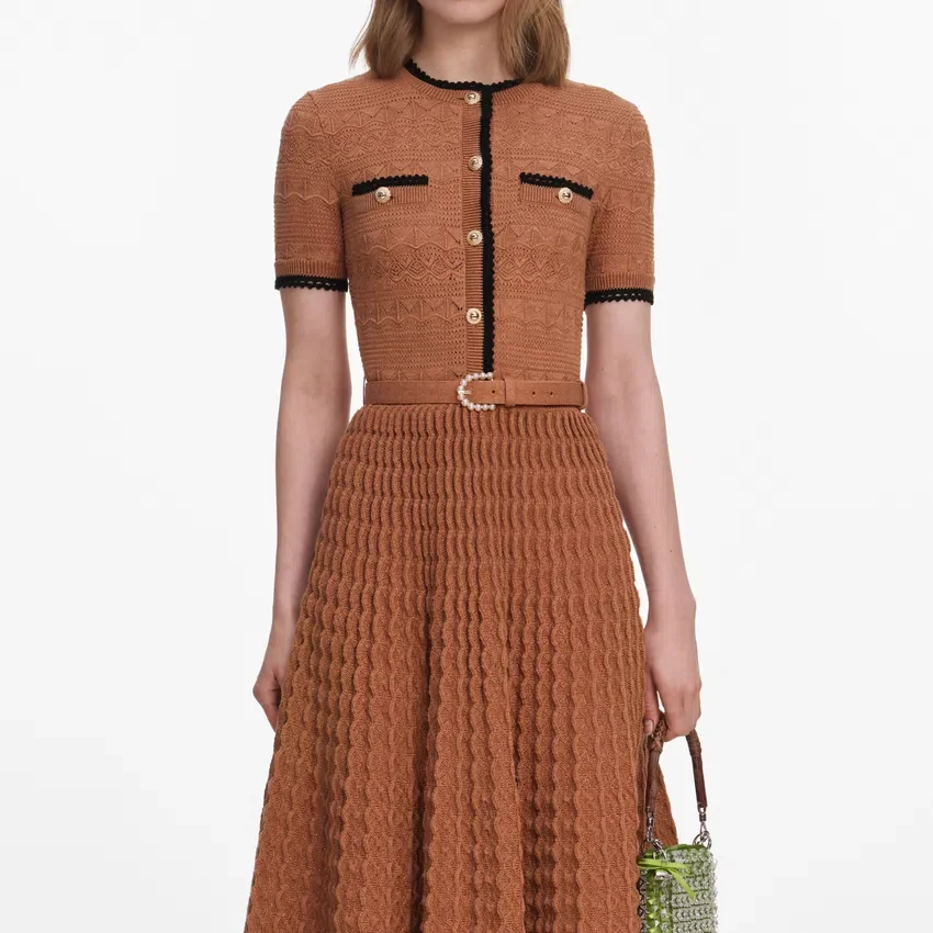 Brown Pointelle Knit Midi Dress Brown Pointelle Knit Midi Dress