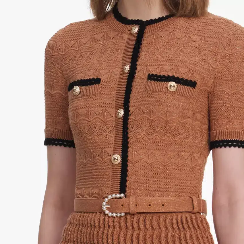 Brown Pointelle Knit Midi Dress Brown Pointelle Knit Midi Dress