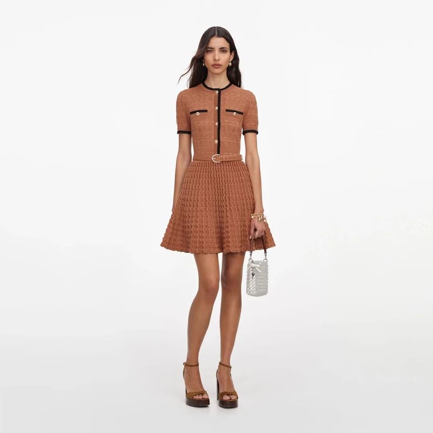 Brown Pointelle Knit Mini Dress Brown Pointelle Knit Mini Dress