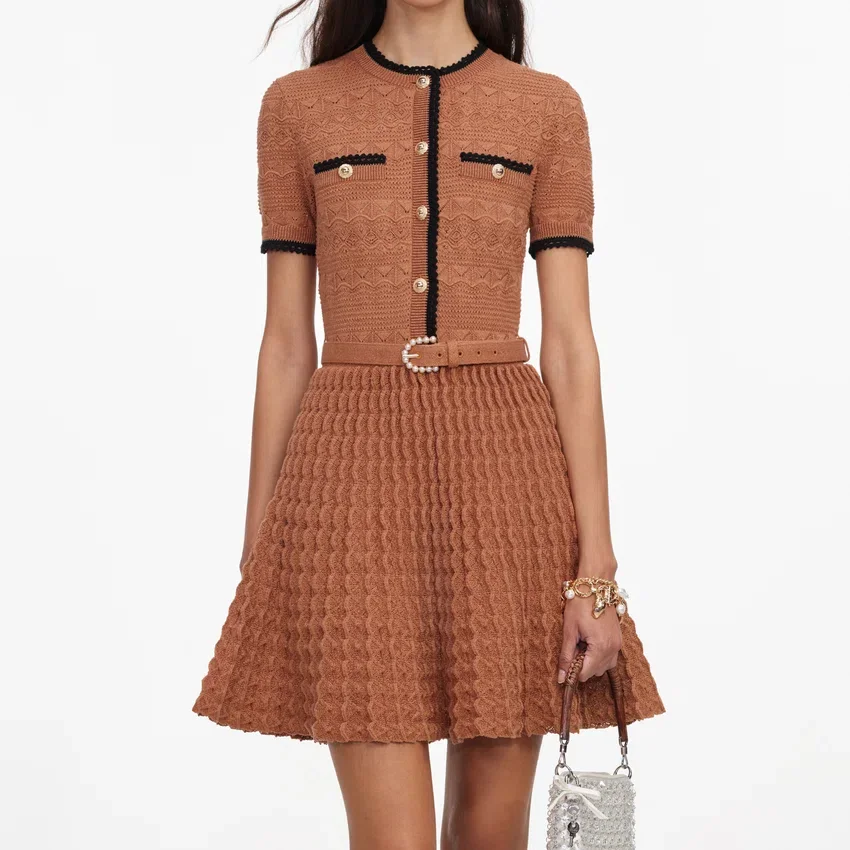 Brown Pointelle Knit Mini Dress Brown Pointelle Knit Mini Dress
