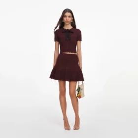 Brown Pointelle Knit Mini Skirt