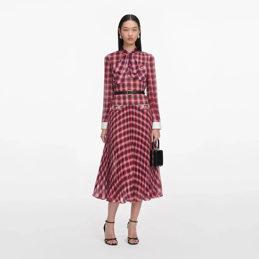 Burgundy Check Chiffon Midi Dress Burgundy Check Chiffon Midi Dress