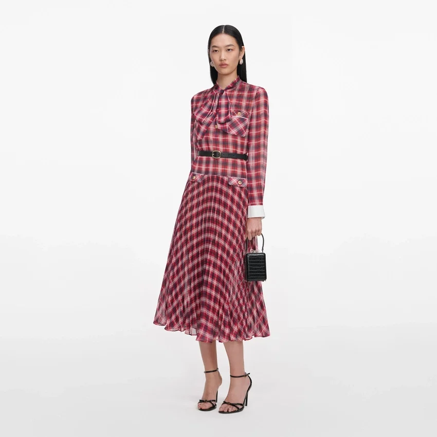 Burgundy Check Chiffon Midi Dress Burgundy Check Chiffon Midi Dress