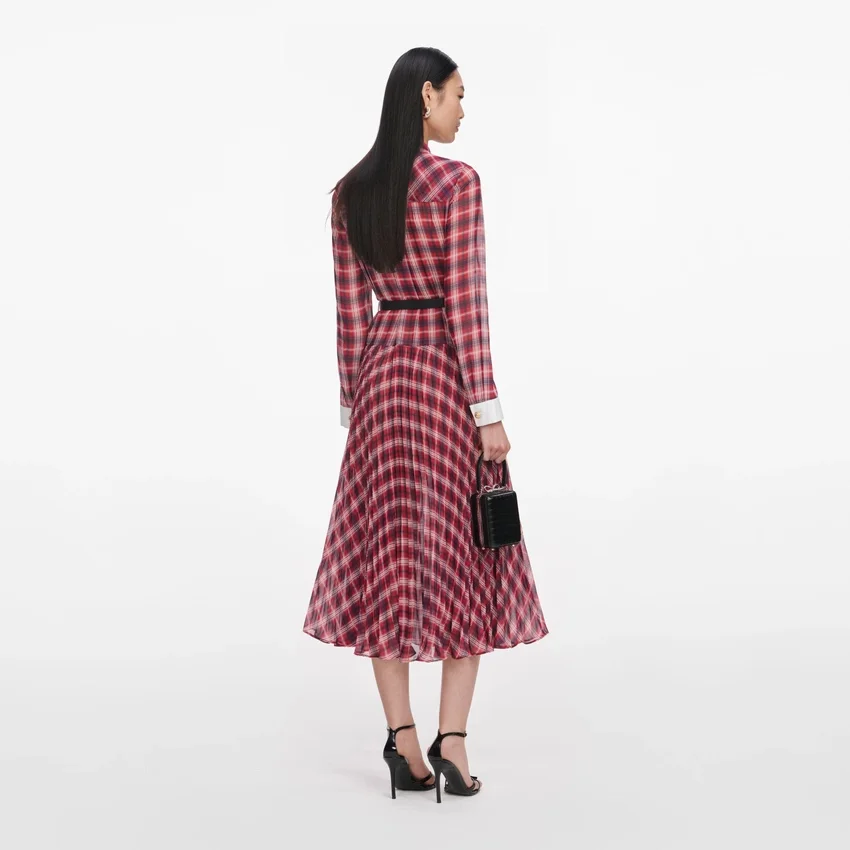 Burgundy Check Chiffon Midi Dress Burgundy Check Chiffon Midi Dress