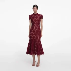 Burgundy Flower Lace Midi Dress