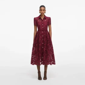 Burgundy Lace Collared Midi Dress