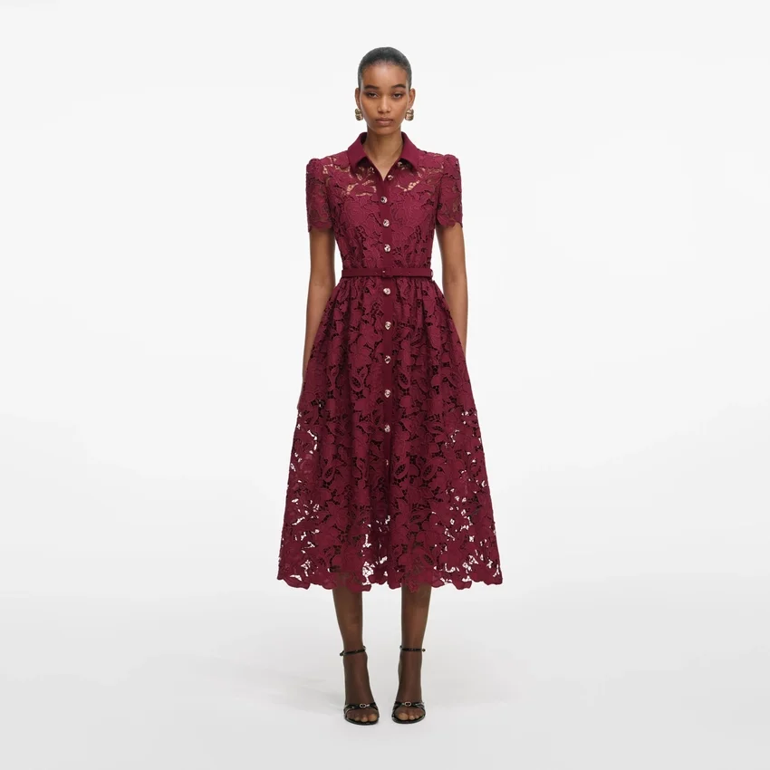 Burgundy Lace Collared Midi Dress Burgundy Lace Collared Midi Dress