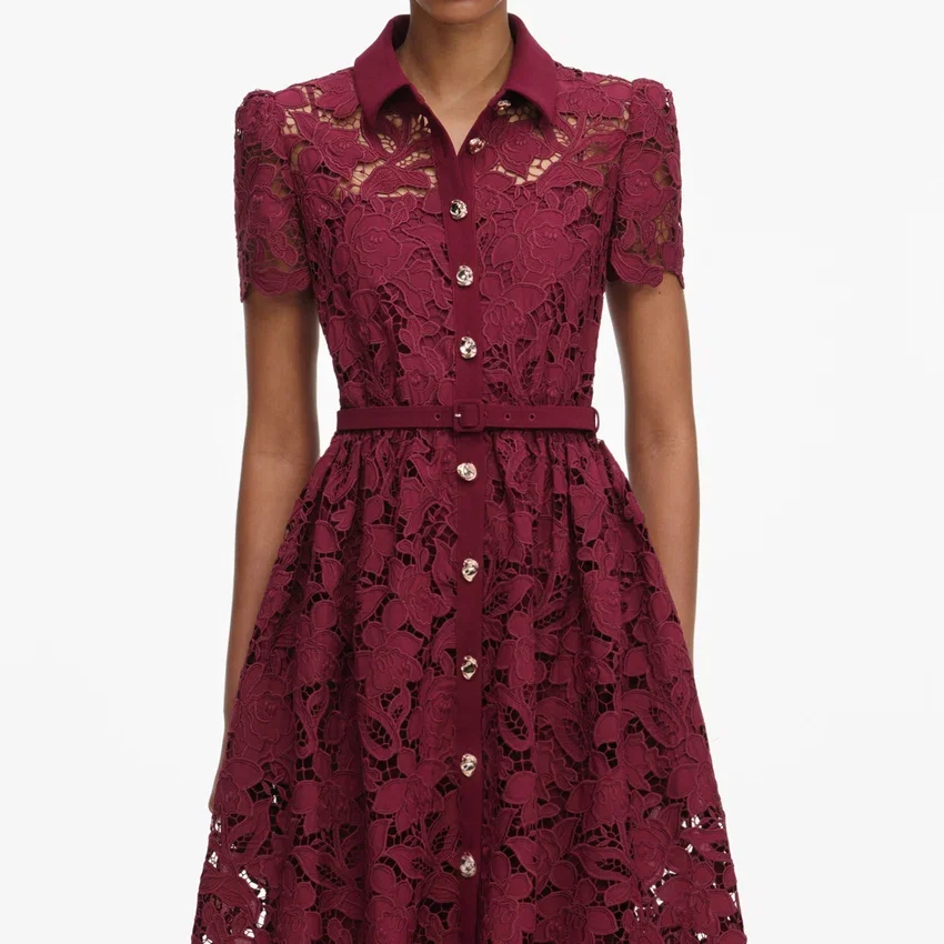 Burgundy Lace Collared Midi Dress Burgundy Lace Collared Midi Dress