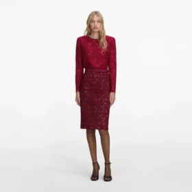 Burgundy Guipure Lace Midi Skirt