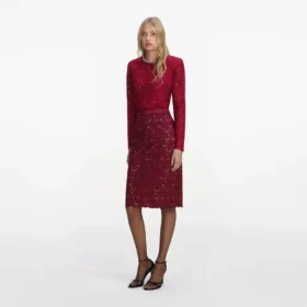 Burgundy Guipure Lace Midi Skirt