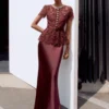 Burgundy Lace Satin Maxi Dress