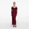 Burgundy Off Shoulder Gathered Lace Maxi Dress