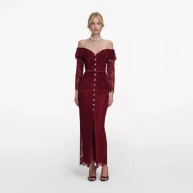 Burgundy Off Shoulder Gathered Lace Maxi Dress