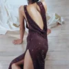 Burgundy Rhinestone Drape Maxi Dress