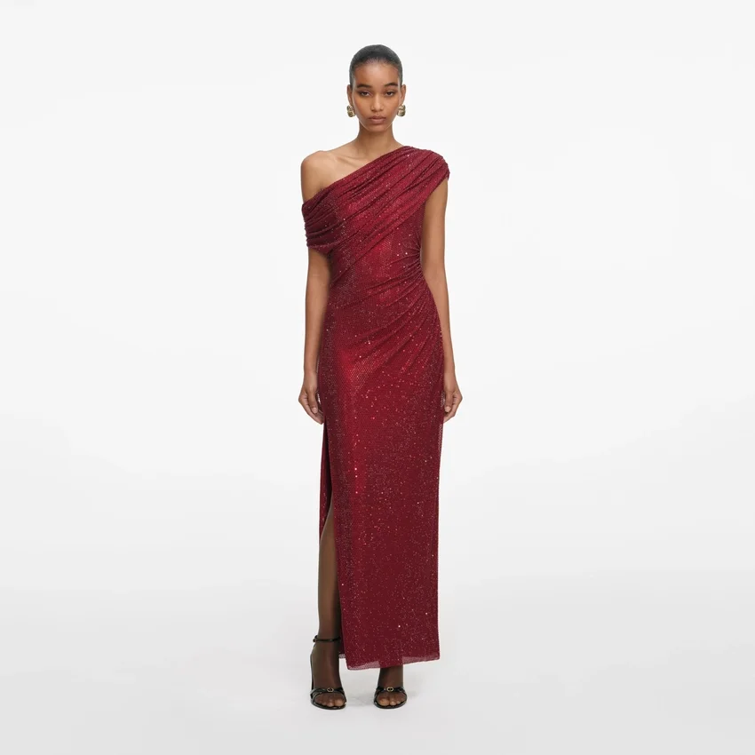 Burgundy Rhinestone Drape Midi Dress Burgundy Rhinestone Drape Midi Dress