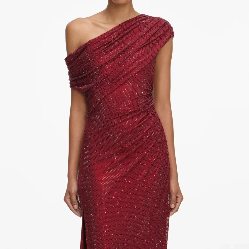 Burgundy Rhinestone Drape Midi Dress Burgundy Rhinestone Drape Midi Dress