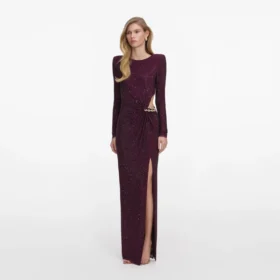 Burgundy Rhinestone Embellished Maxi Dress