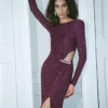 Burgundy Rhinestone Embellished Maxi Dress
