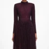 Burgundy Rhinestone Long Sleeve Maxi Dress