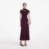 Burgundy Rhinestone Mesh Cut Out Midi Dress