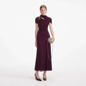 Burgundy Rhinestone Mesh Cut Out Midi Dress