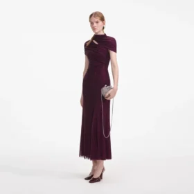 Burgundy Rhinestone Mesh Cut Out Midi Dress