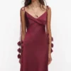 Burgundy Satin Flower Midi Dress