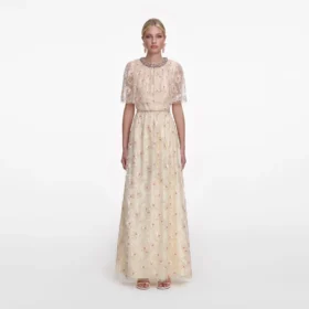Champagne Floral Embellished Maxi Dress