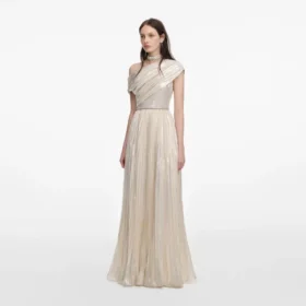 Champagne Metallic Chiffon Maxi Dress