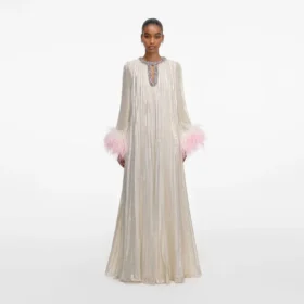 Champagne Metallic Ombre Feather Maxi Dress