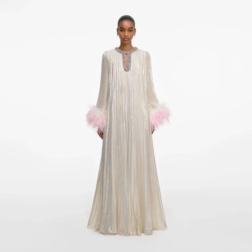 Champagne Metallic Ombre Feather Maxi Dress Champagne Metallic Ombre Feather Maxi Dress