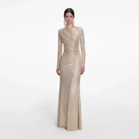 Champagne Rhinestone Drape Maxi Dress