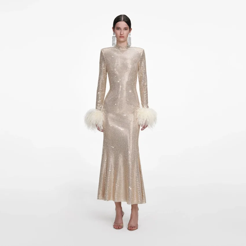 Champagne Rhinestone Feather Midi Dress Champagne Rhinestone Feather Midi Dress