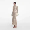 Champagne Rhinestone Feather Midi Dress Champagne Rhinestone Feather Midi Dress