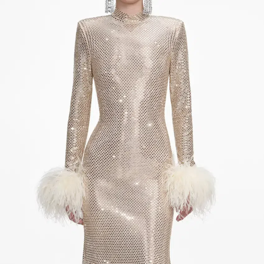 Champagne Rhinestone Feather Midi Dress Champagne Rhinestone Feather Midi Dress