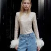Champagne Rhinestone Feather Top